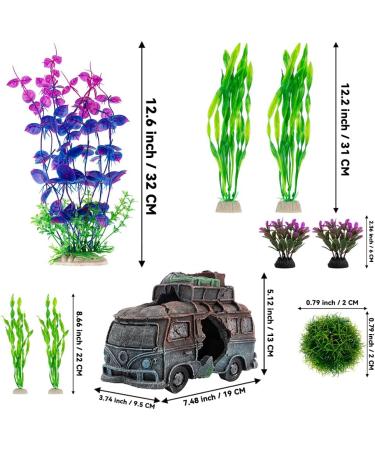 Begondis Underwater Car Aquarium Ornament Set with 8 Plastic Plants | Polyresin Marine Decor for Fish Tanks - Buy Online on SooperMarket.com
