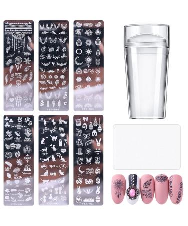 Nail Art Plates 6 pieces nail stamping stencils with 1 piece transparent stamp 1 piece of scratch nail art stamping nail print stamper plant and animal motif manicure DIY