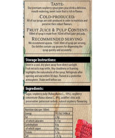 Drink Botanicals Ireland Raspberry Syrup | Made from Raspberry Juice & Pulp| Natural Fruit Content | Flavored Syrup for Beverages | 30 Servings 500ML Glass Bottle - Buy Online on SooperMarket.com