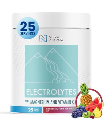 Nova Pharma Electrolytes Powder Amino Acids Supplement - Hydrates Builds Muscle Mass & Boosts Workout Performance Vegan Caffeine-Free Zero Sugar No Artificial Flavor/Color/Sweetener - 25 Servings Fruit Punch