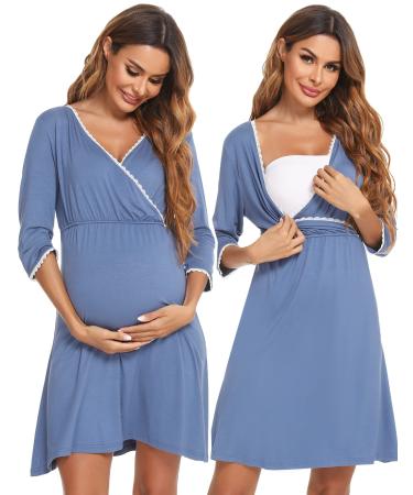 Sykooria Women's Breastfeeding Dress Cotton Soft Nursing Nightdress 3/4 Length Sleeves Maternity Nightdress Labour Nightgown for Hospital and Home A - Blue XXL