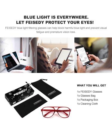 Feizedy Retro 70s 80s Blue Light Filter Glasses for Women & Men - B2888 Red Frame 60mm | Blue Light Blocking PC Gaming Glasses - Buy Online on SooperMarket.com