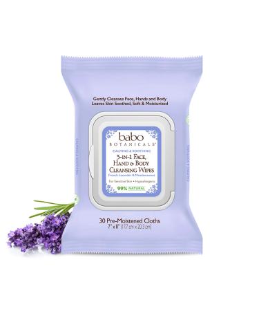 Babo Botanicals Calming 3-in-1 Face, Hand & Body Cleansing Wipes - with French Lavender & Meadowsweet - for Babies, Kids & Adults with Sensitive Skin - 30 ct.