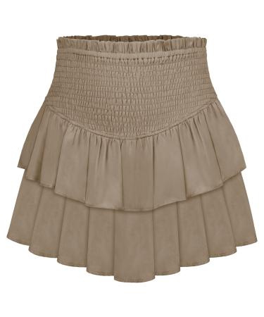 LAEMILIA Womens Elastic Waist Flared Short Skirt Floral Print Pleated Mini Skater Skirt with Drawstring M 02-khaki