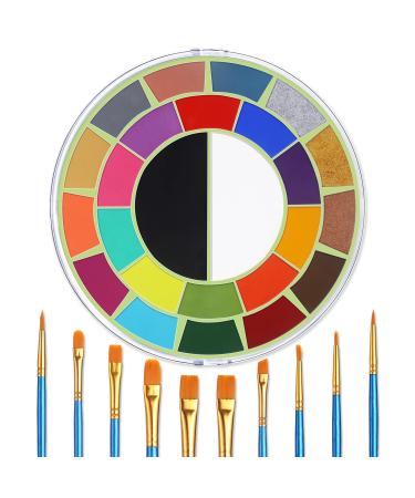 BOBISUKA Face Body Paint Kit - 25 Colors Water Activated Painting Makeup Palette + 10 Blue Artist Paint Brushes Set Large Black & White Ideal for Halloween, SFX, Theater, Cosplay, Parties and Costume