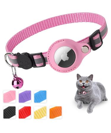 Mouyou Airtag cat neck band Airtag collar cat soft nylon reflective with bell and safety clasp tracking cats collar with holder airtag case adjustable from 22-34cm pink