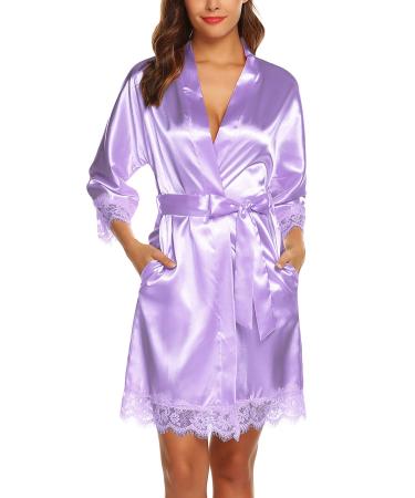 BESDEL Women's Satin Silk Bathrobe Oblique V-Neck Short Kimono Robe Bridesmaids Robe XXL Light Purple