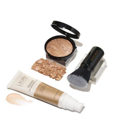 LAURA GELLER NEW YORK Everyday Routine Kit - Baked Balance-N-Brighten Color Correcting Powder Foundation Medium + Retractable Angled Kabuki + Spackle Makeup Primer Champagne Glow (3 PC) 04 Medium + Champagne Glow