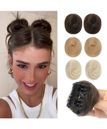 REECHO 2 PCS Mini Claw Clip in Messy & Cat Ears Hair Bun Extensions Wig Accessory Updo Hairpieces for Women Girls (Pack of 2-3" Straight Dark Brown with Copper Highlights) Pack of 2 - 3" Straight Dark Brown with Copper Highlights