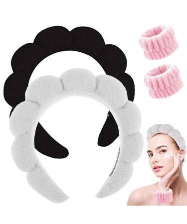 Spa Headband for Washing Face Makeup Headband Bubble Skincare Headbands with Face Wash Wristbands Terry Cloth Headband Soft Puffy Headband for Women Gifts Black+Grey
