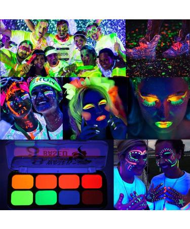8 Colors Glow In The Dark Face & Body Paint - Neon Fluorescent Makeup for Halloween Parties & Costumes - Water Based UV Blacklight Paint - Buy Online on SooperMarket.com