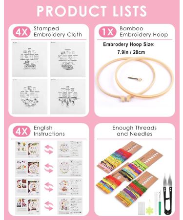 TINDTOP Embroidery Kit for Beginners - 4 Pack Cross Stitch Practice Kits with Threads, Hoops & Cloth - Learn Hand Stitch Technique with Embroidery Skills - Ideal for Craft Lovers - Buy Online on SooperMarket.com