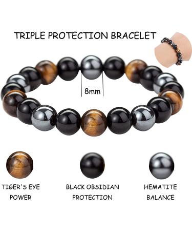 8mm Tigers Eye Triple Protection Bracelet with Black Obsidian and Hematite - Lucky Charm for Men and Women - Buy Online on SooperMarket.com