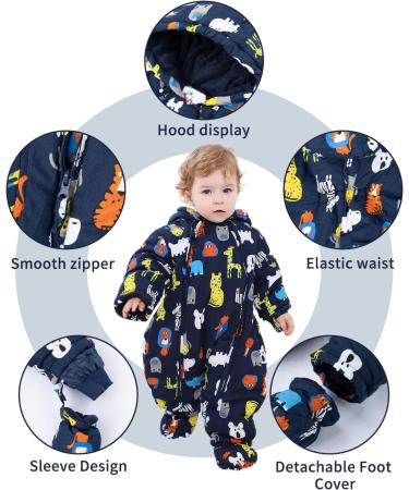 Lobmouse Baby Winter Snowsuit Jumpsuit | Hooded Romper for Boys & Girls | Thick & Warm Infant Coat Outfit | Dark Blue Animals | 18-24 Months - Buy Online on SooperMarket.com