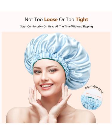 Mikimini Satin Sleep Hood for Long Curly Hair | 2 Pack Green & Light Blue | Double-Layer Silk Hair Caps for Women | Extra Large Stretchy Sleep Caps - Buy Online on SooperMarket.com