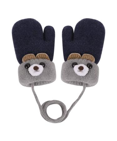 Cute Cartoon Toddlers Kids Knitted Gloves on String Winter Warm Mitten Gloves with Rope for Baby Boys Girls Thick Plush Fleece Lined Hand Warmer Full Finger Ourdoor Sport Thermal Hand Cover Navy Blue