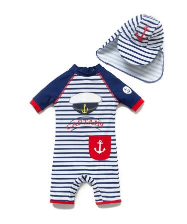 BONVERANO Baby Boys Swimsuit Toddler Bathing Suit Short-Sleeve Zipper One Piece Swimwear with UPF 50+ Sun Protection 2-3 Years Captain