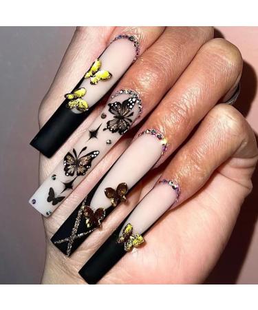 Runrayay Fack-N gel black butterfly long with nail fans for pressing nails for women and girls naked nails to press full-cover nail tips Festival salon-nails