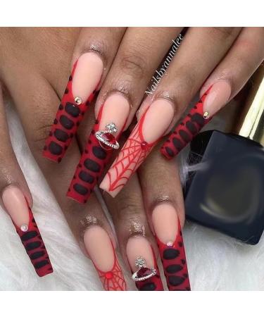 Runrayay red French press on nails long with planet nail rhinestones nail tips for sticking on the nail Artificial nails for women acrylic full cover coffin 24-part nail art kit w