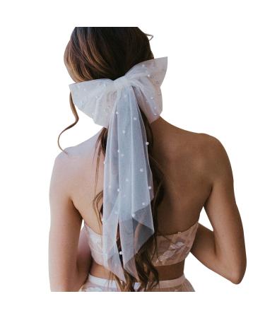 Bridal Hair Bow Veil Bachelorette Party Decorations  White Hair Bow Bridal Hair Clip Bridesmaid Favors  Pearl Large Hair Bow Wedding Veil with Barrette  Bride Hair Accessories for Bridal Gift