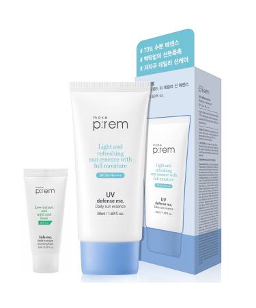 MAKEPREM UVA UVB Defense Me Daily Sun Essence VEGAN Makeup Sunscreen Gel SPF 50+ PA++++ 1.69 Fl Oz Reef-Safe Moisture Sunblock Strong UV Blue Ray Broad Protection Dry Oily Sensitive Acne-Prone Skin