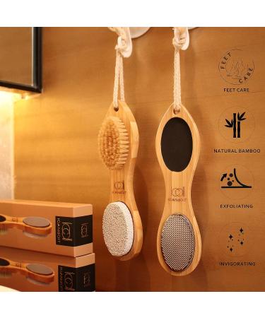 ICDI ICANdOIT Natural Bamboo Foot File Callus Remover - 4 in 1 Feet Pedicure Kit with Bristle Brush, Pumice Stone, Foot Rasp & Sand Paper - Foot Care Essential - Buy Online on SooperMarket.com