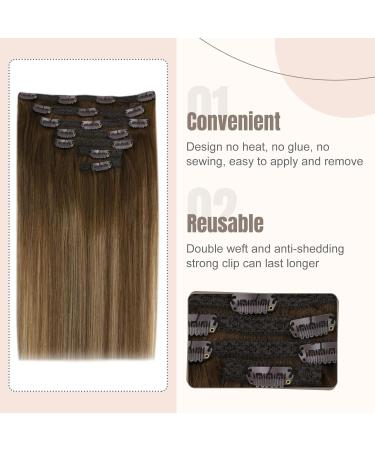 FSHINE 120g Ombre Clip-in Hair Extensions | 100% Remy Human Hair - Dark Brown & Caramel Blonde Balayage - 40cm - 7 Pieces - Buy Online on SooperMarket.com