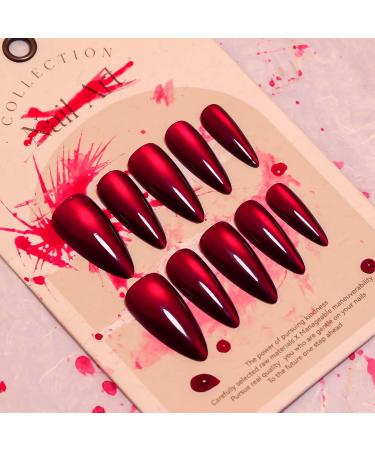 30 Pcs Halloween Press on Nails - Red Long Stiletto Fake Nails with Cat's Eye Design | Stick on Almond Style for Women | Perfect Holiday Nail Art - Buy Online on SooperMarket.com