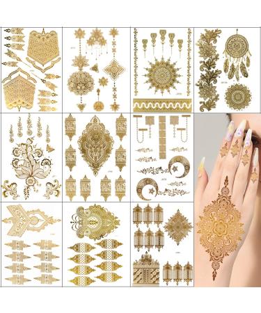 Xmasir 10 Sheets Gold Henna Tattoo Sticker Temporary Tattoos Metallic Waterproof Glitter Tattoo Stickers for Women Girl Indian Arabian Body Art Paint (Gold)