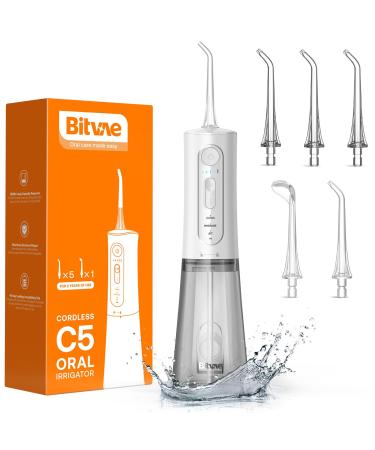 Water Flosser for Teeth Cordless Bitvae Water Flossers 3 Modes & 5 Intensities Oral Irrigator with 6 Jet Tips Dental Flosser Water Jet Waterproof Available in Shower USB Rechargeable White Snowwhite