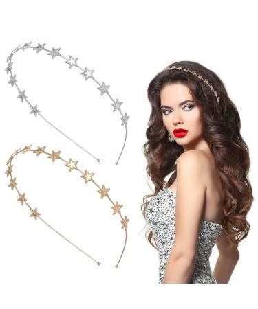 WLLHYF 2 Pcs Star Headbands Star Rhinestone Hair Hoop Headband for Women Girls Pearl Rhinestones Headdress Exquisite Crystal Headbands Shiny Metal Hairband Wedding Headpiece for Bride (gold/silver-style2)