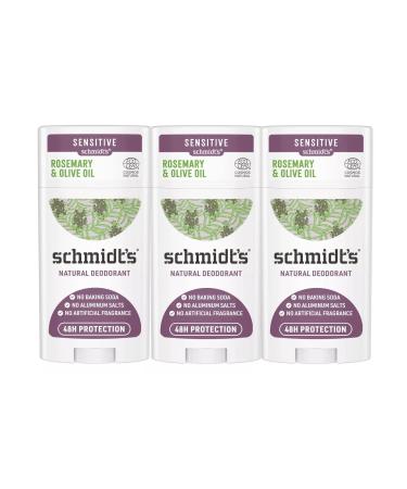 Schmidt's Rosemary + Olive Aluminum-Free Natural Sensitive Skin Deodorant Stick with 24 Hour Odor Protection Certified Cruelty Free Vegan Deodorant 2.65 Ounce (Pack of 3)