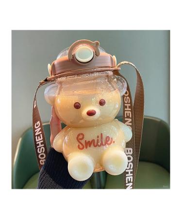 Kawaii Bear Straw Bottle  Cartoon Kids Water Bottle Bpa Free with Straw and Built in Carrying Loop  Adjustable & Removable Shoulder Strap  Made of Durable Plastic  Leak-Proof Design for Travel 34oz A- Coffee