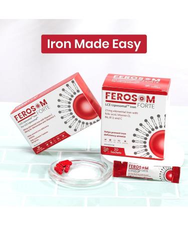 Ferosom Forte LCE Liposomal Iron Supplement Powder Gentle on the Stomach 21g Elemental Iron with Vitamin B12 B6 D C Folic Acid Berry Flavor Powder or Liquid Iron Drink 20 Vegan Iron Sachets - Buy Online on SooperMarket.com
