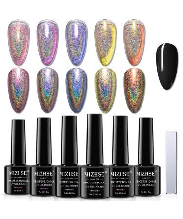 MIZHSE 2-IN-1 Holographic 9D Cat Eye Gel Nail Polish Holo Cat Eye Gel Polish Laser Nail Polish Gel Galaxy Chameleon Magnetic Gel Soak Off UV Gel with Magnet Stick and Black Gel Nail Art