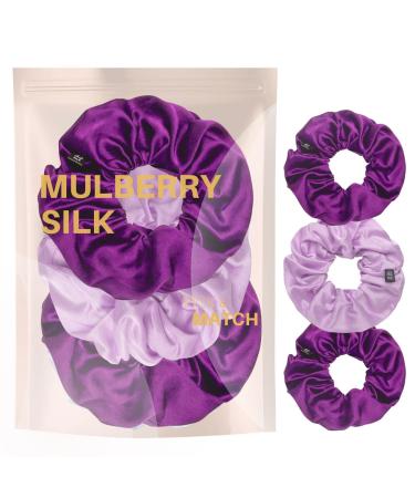 BasicSense Silk Hair Scrunchies Luxurious Mulberry Hair Tie - Skinny Large Scrunchy Set of 3pcs Purple Assortment L Purple Tone