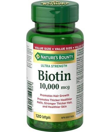 Nature's Bounty Biotin 10000mcg Softgels Promotes Hair Growth Thicker Hair Healthy Skin and Nails Helps body metabolize fats carbohydrates and proteins 120 Count Value SIze