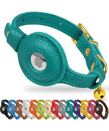 Oopsdoggy Airtag cat collar made of leather with bell not tearable with Apple Airtag holder light GPS pet collar for girls boys cats small dogs puppies (aquamarin)