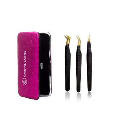 Crystal Lashes tweezers set 3 pieces with case