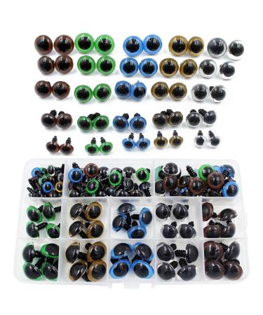 BESTTOYHOME 100pcs 10/12/14/16/18mm 5 Sizes in a Box Assorted Colors Plastic Safety Eyes for Teddy Bear Doll Animal Puppet Craft
