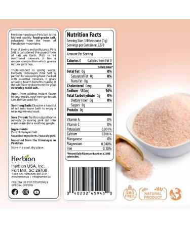Herbion Naturals Himalayan Pink Salt Jar - GMO Free, Vegan, Chemical-Free, Kosher Certified, Fine Grain All-Natural Salt - Triple-Washed in Spring Water - Buy Online on SooperMarket.com
