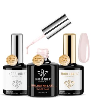 Modelones Pink Builder Gel with Base and Top coat 3Pcs No Wipe Top and Base Coat Gel Nail Polish with Gel Builder for Nails Hard Gel Nail Strengthener Extension Builder Gel in a Bottle Pink Clear