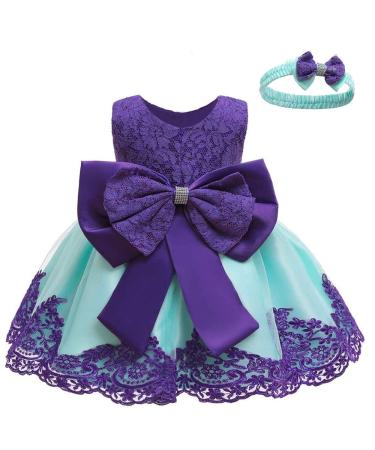 LZH Baby Girls Lace Dress Bowknot Flower Dresses Wedding Pageant Baptism Christening Tutu Gown 0-24 Months 3-6 Months Purple + Blue