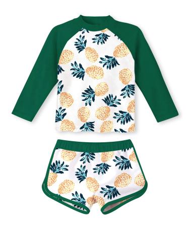 TUONROAD Girls Swimming Costume Toddler Baby Kids Two Piece Long Sleeve Swimsuit UPF 50+ Protection Bathing Suit Swim Set for 4-10 Years 5-6 Years Green Pineapple
