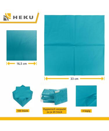 HEKU 100 Single-Colored Turquoise Napkins - 3-Layer 33x33cm | Stylish & Highly Absorbent 5-Pack for Events & Gastronomy - Buy Online on SooperMarket.com