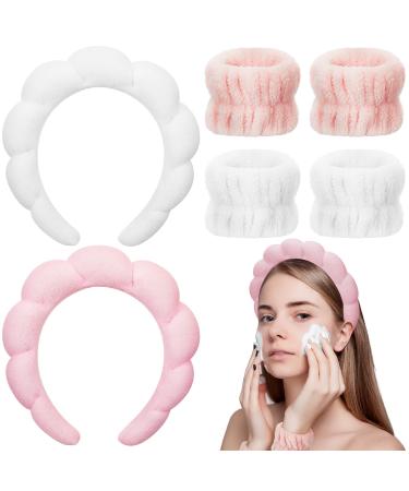 6 Pcs Spa Headband Wrist Spa Washband Set Sponge Towel Cloth Head Band White Pink Headband Wrist Wash Towel Band Makeup Face Wash Wristbands for Face Washing Women Girls Prevent Liquid from Spilling
