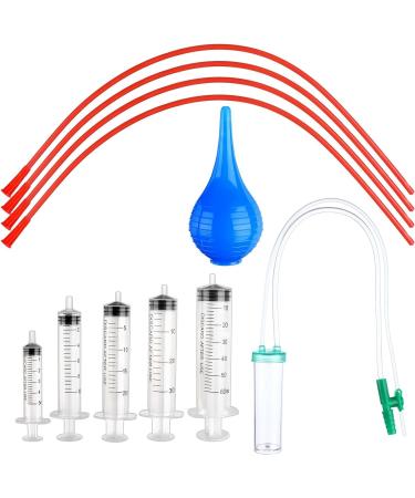 Puppy Kitten Feeding Tube Kit Includes 5 Pcs Kitten Feeding 5 ML 10 ML 20 ML 30 ML 60 ML 4 Pcs Red Feeding Tubes 1Pcs Rubber Suction Device and Air Blowing for Newborn Animals(11Pack)