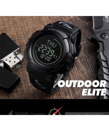 Mens Military Digital Sports Watch with Survival Compass | 50M Waterproof, 3 Alarm, Stopwatch | Black - Buy Online on SooperMarket.com