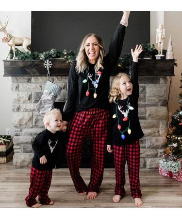 IFFEI Christmas Pyjamas Matching Family Pajamas Set | Xmas Letter Print Tops and Plaid Pants | Women Men Kids Baby Pet | Black/Deer | Kids 4-5 Years - Buy Online on SooperMarket.com
