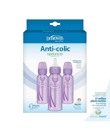 Dr. Brown's Natural Flow Anti-Colic Options+ Narrow Baby Bottles 8 oz/250 mL - Level 1 Slow Flow Nipple - 3 Pack (Purple) - 0m - Buy Online on SooperMarket.com